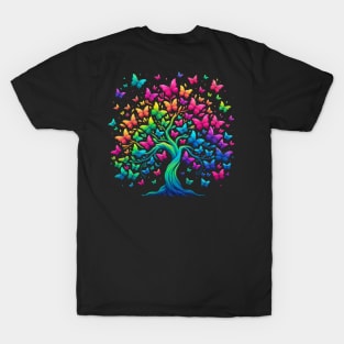 Neon Rainbow Butterfly Tree Watercolor Design T-Shirt